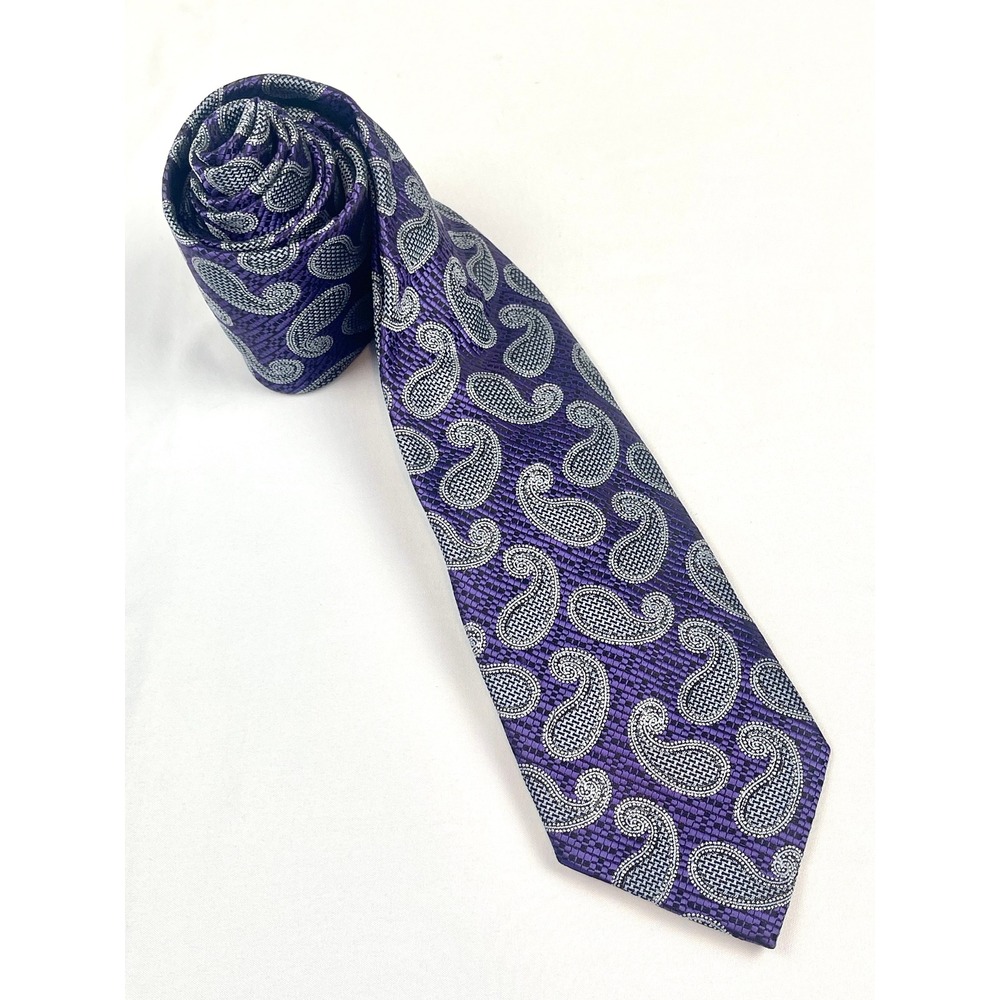 Alexander Julian Colours Mens Purple Silver Paisley Woven Polyester Necktie